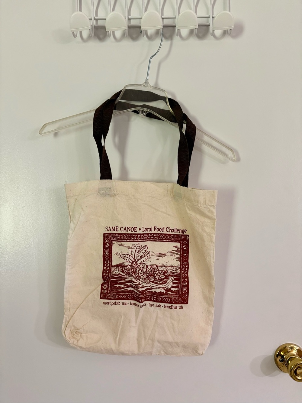 Same Canoe Natural Canvas Tote Bag with Maroon Print